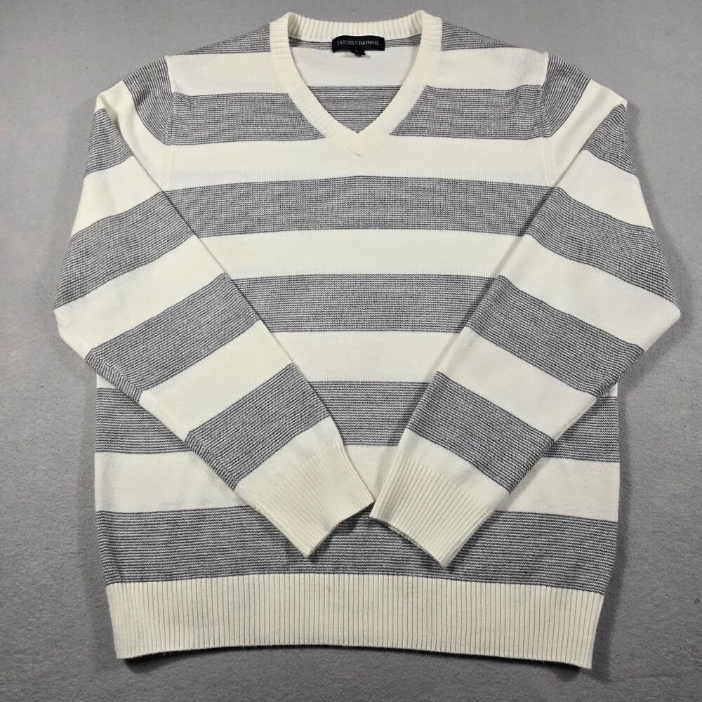Tricots St Raphael Men's Large White Gray Striped V-Neck Knit Pullover Sweater